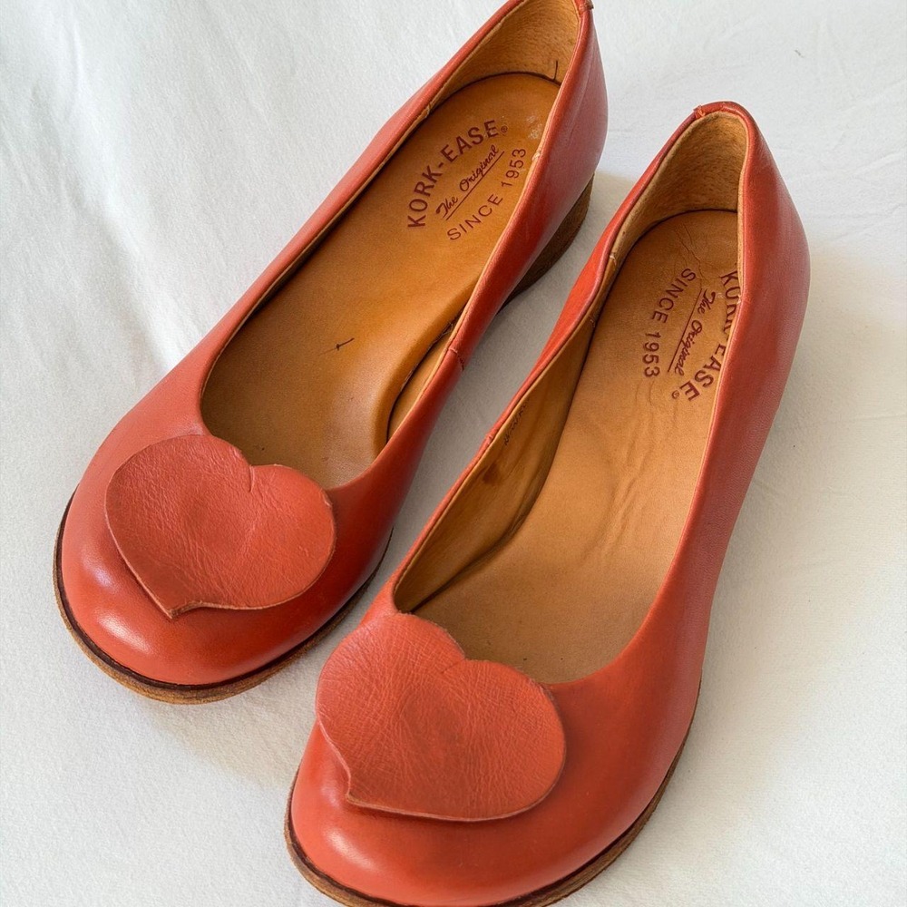 Kork-Ease Cognac Orange Leather Heart Ballet Flats Low Wedge Retro Shoes 9 41